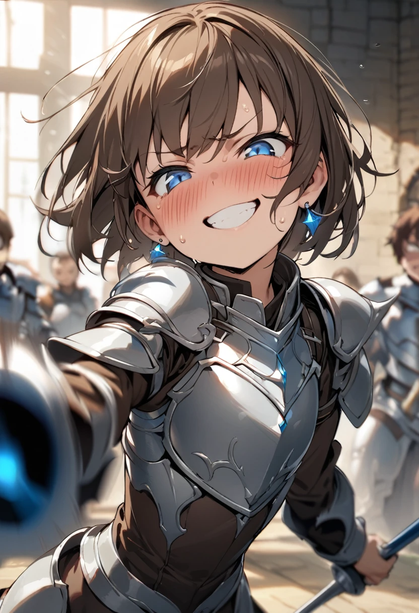 Brat, ((masterpiece)), High resolution, 10 years old、girl、 Brown Hair、Short Bob、((smile、Grin))、Embarrassed face、Sweating all over the body、Bright Blue Eyes、smile、((Grin))、Earrings、Fight with the legendary rapier、Disturbed、Light、Motion Blur、Simple armor、