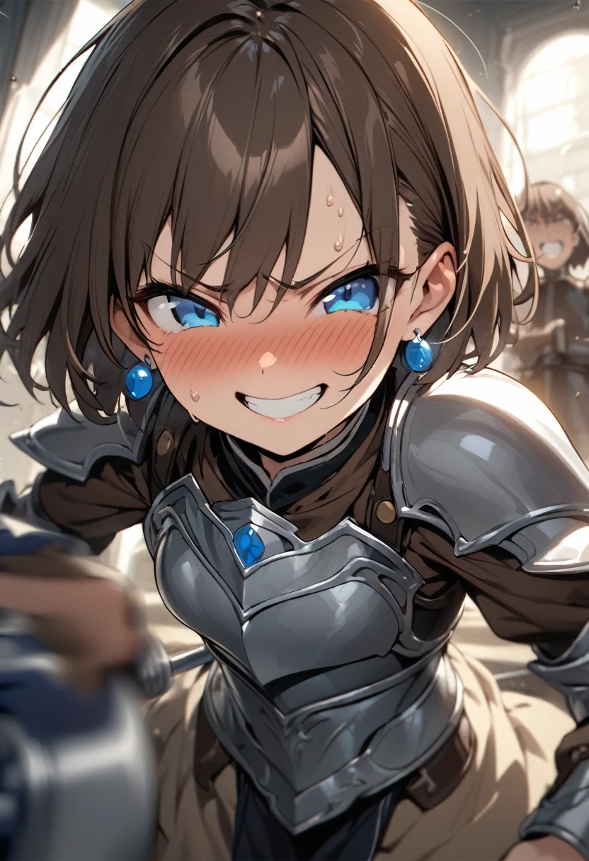 Brat, ((masterpiece)), High resolution, 10 years old、girl、 Brown Hair、Short Bob、((smile、Grin))、Embarrassed face、Sweating all over the body、Bright Blue Eyes、smile、((Grin))、Earrings、Fight with the legendary rapier、Disturbed、Light、Motion Blur、Simple armor、
