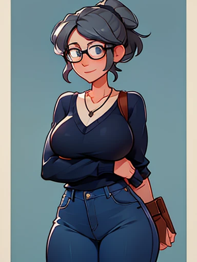 Aunt Cass Hamada from Big Hero 6, blue low-cut sweater, jeans, necklace, friendly expression, tall slender build, grey hair in a ponytail, glasses 