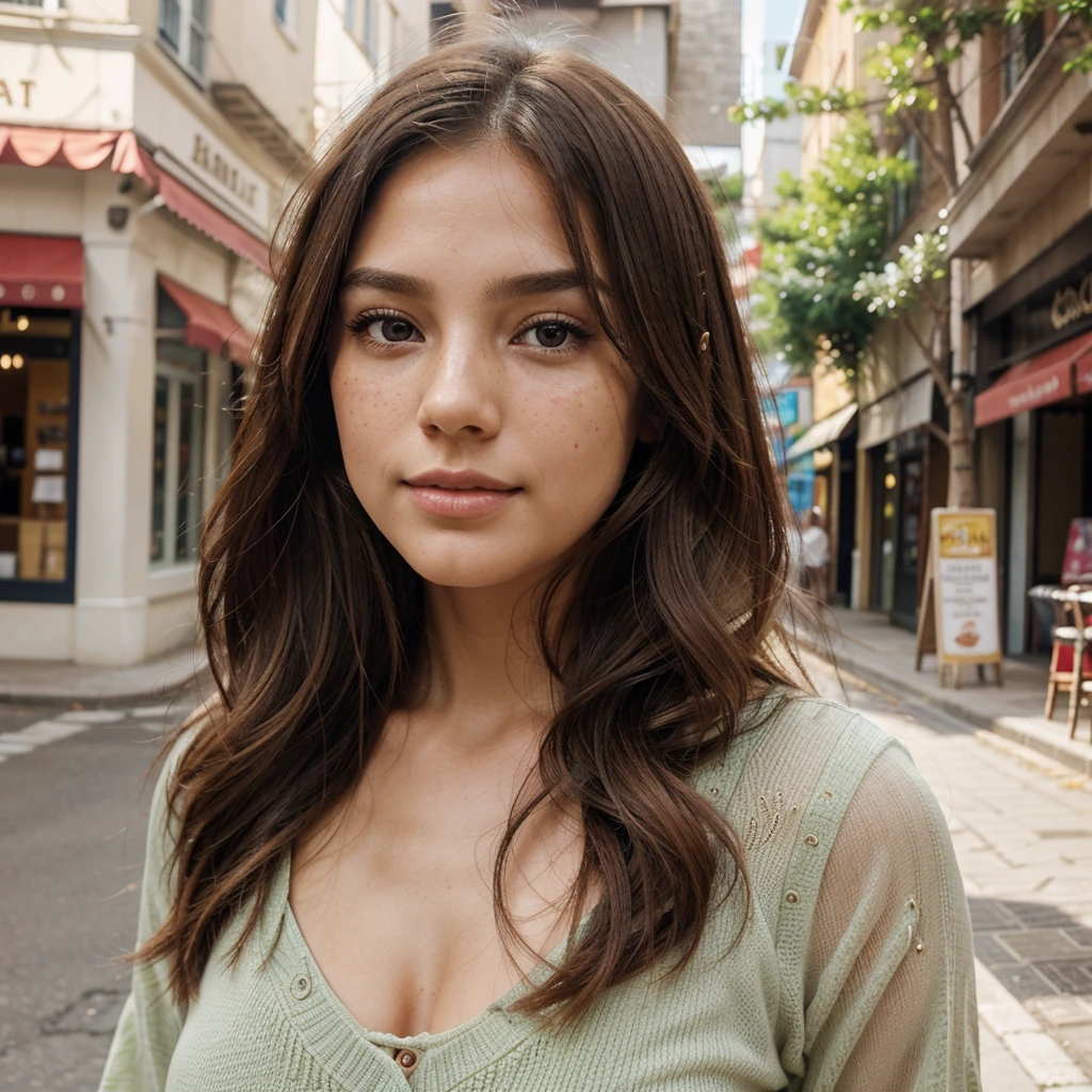 Create a very realistic and beautiful model with the following detailed features: Gender: Female, Age: Young adult (approximately 20-25 years old), Hair: Long, wavy and reddish with a natural shine, gently cascading around the shoulders and back back. . . . . . . . . . , Eyes: Bright green with a captivating, slightly almond-shaped look, detailed with natural highlights, Skin: Fair complexion with a light texture, including natural freckles on the nose and cheeks, giving a youthful and vibrant appearance: Fair complexion with a light texture, including natural freckles on the nose and cheeks, giving a youthful and lively appearance, Face: with a smooth and natural contour, soft, full lips with a slight pinkish tint and a slightly delicate upturned nose, Expression : a sweet face, with a touch of mischief, which transmits warmth and approachability, Clothing: a fluid dress, bright color, Context: the model is in an elegant street, with flowers,
Pose: A relaxed, confident posture, aesthetic, Unsplash, Neoclassicism, Intricate background, Best quality, hyper detailed, Gratty Sita, 64K, Light design