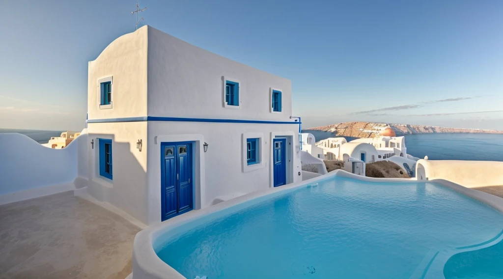 (a house in Santorini style, Townhouse made from gray walls and some walls painted bright blue)), beautiful light, beautiful day, sunny, lovely youthful feeling :1.2, sunny at times 9 am, The shadow is beautiful