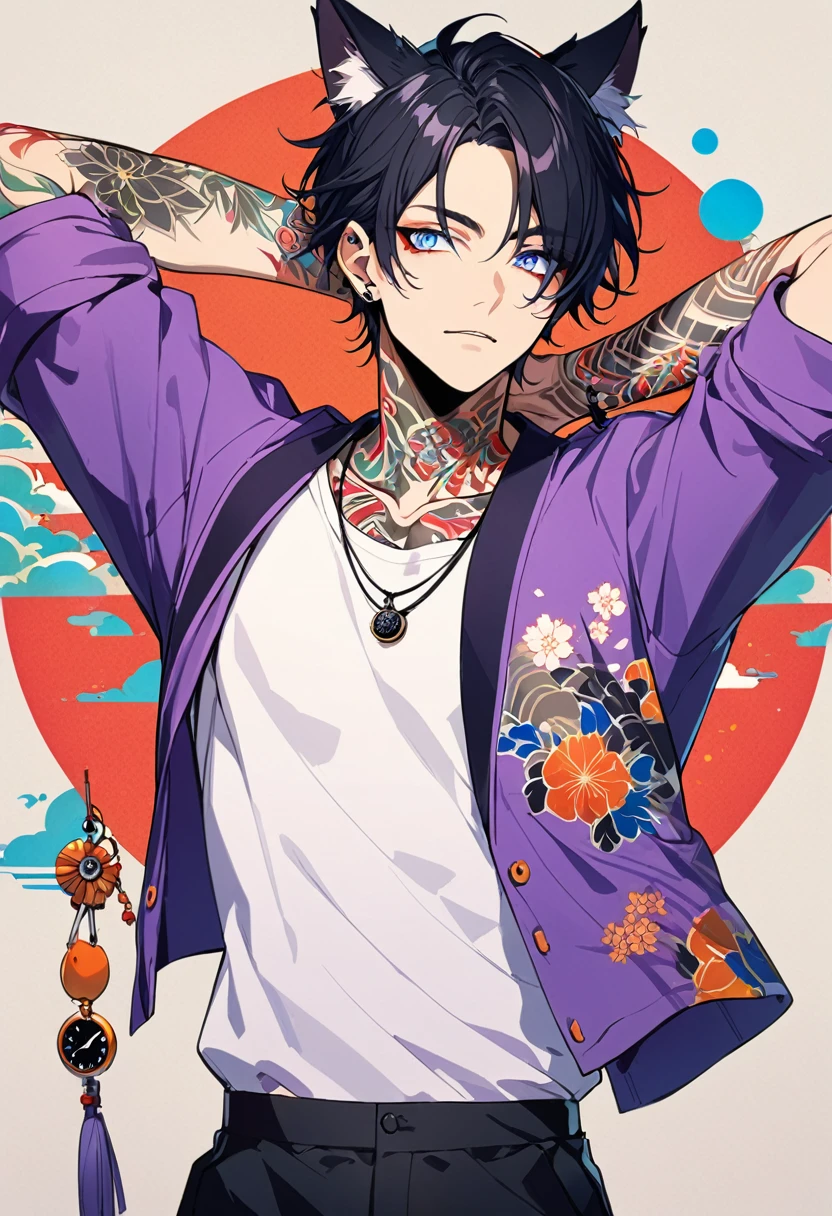 1man, short black hair, cat ears, bright blueviolet eyes, wearing a purple casual jacket, wearing a white undershirt, wearing black pants , wearing a vintage watch, japanese style tattoos, colorful tattoos, tattoos all over the arms