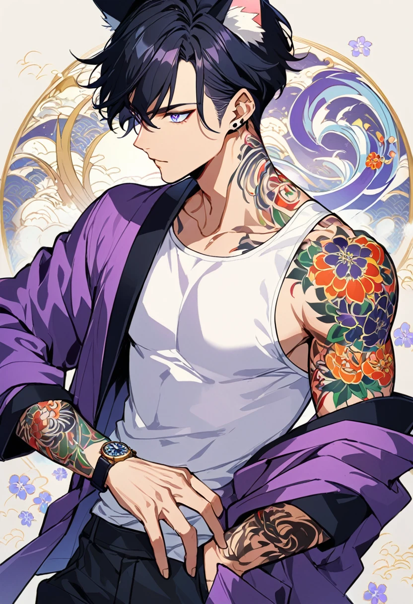 1man, short black hair, cat ears, bright blueviolet eyes, wearing a purple casual jacket, wearing a white undershirt, wearing black pants , wearing a vintage watch, japanese style tattoos, colorful tattoos, tattoos all over the arms