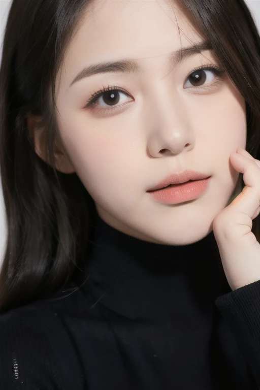 minute,1 girl,alone,realistic,look at viewer,brown hair,Turtleneck,simple background,lips,coat,Portrait,gag,Turtleneck coat,coat,white background,
