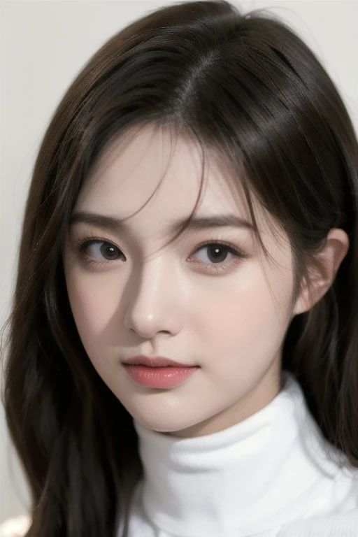 minute,1 girl,alone,realistic,look at viewer,brown hair,Turtleneck,simple background,lips,coat,Portrait,gag,Turtleneck coat,coat,white background,