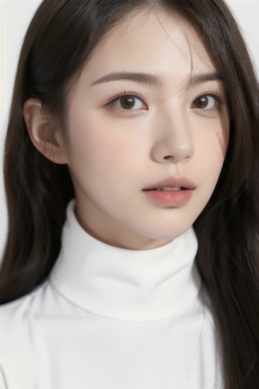 minute,1 girl,alone,realistic,look at viewer,brown hair,Turtleneck,simple background,lips,coat,Portrait,gag,Turtleneck coat,coat,white background,