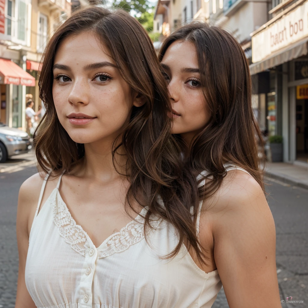 Create a very realistic and beautiful model with the following detailed features: Gender: Female, Age: Young adult (approximately 20-25 years old), Hair: Long, wavy and reddish with a natural shine, gently cascading around the shoulders and back back. . . . . . . . . . , Eyes: Bright green with a captivating, slightly almond-shaped look, detailed with natural highlights, Skin: Fair complexion with a light texture, including natural freckles on the nose and cheeks, giving a youthful and vibrant appearance: Fair complexion with a light texture, including natural freckles on the nose and cheeks, giving a youthful and lively appearance, Face: with a smooth and natural contour, soft, full lips with a slight pinkish tint and a slightly delicate upturned nose, Expression : a sweet face, with a touch of mischief, which transmits warmth and approachability, Clothing: a fluid dress, bright color, Context: the model is in an elegant street, with flowers,
Pose: A relaxed, confident posture, aesthetic, Unsplash, Neoclassicism, Intricate background, Best quality, hyper detailed, Gratty Sita, 64K, Light design