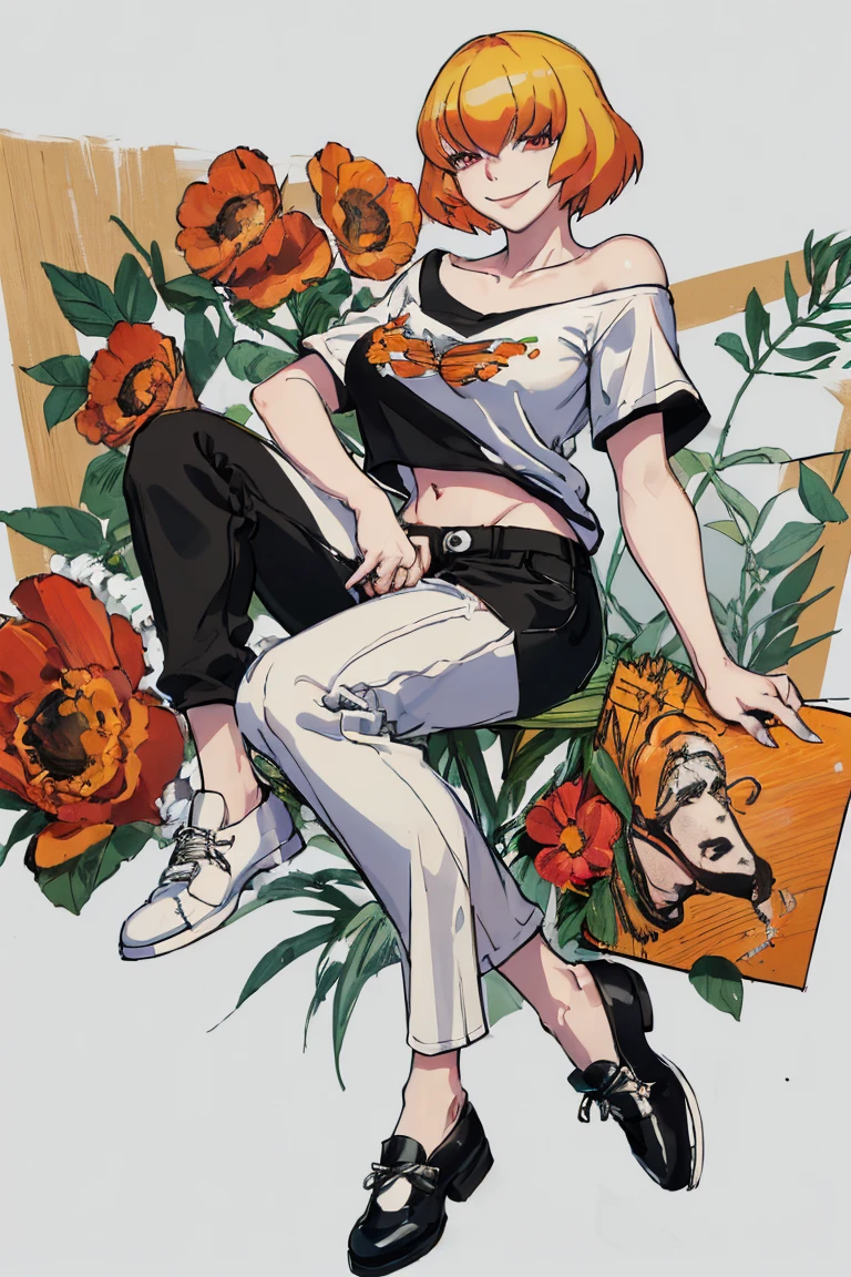 ((Highest quality)), ((masterpiece)), (be familiar with),Clementine,Overload,nsfw,Black and white t-shirt,No sleeve,Green Embroidery,White shoes,Fascinating,Black pants,Bewitching Smile,whole body