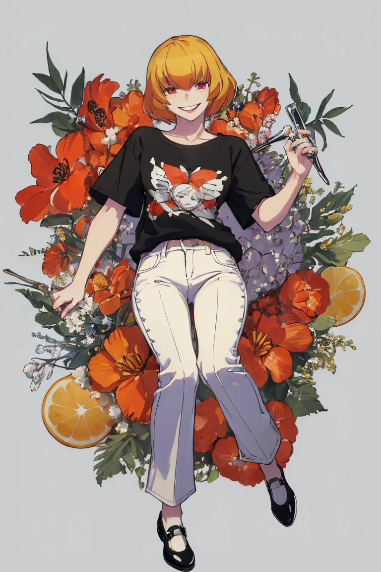 ((Highest quality)), ((masterpiece)), (be familiar with),Clementine,Overload,nsfw,Black and white t-shirt,No sleeve,Green Embroidery,White shoes,Fascinating,Black pants,Bewitching Smile,whole body