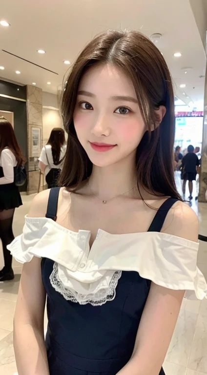Girl about 20 years old, simple, Very beautiful and delicate., (Light makeup), brown hair, sweet smile, Delicate and beautiful skin, realistic and realistic, A neat and complete face, detailed facial expressions, high nose bridge, red lips, gentle beautiful girl, smooth hair, very fragile hair, soft mood, face light, Surreal, realistic, 8K picture quality, Extreme details, realistic details, Original work, realistic extreme, body, Absolutely beautiful., pure desire, Stunning beauty, Unrivaled beauty, Highest picture quality, 8k resolution, goddess, smile, good facial features, hair draped over shoulder, brown hair, Long thick legs, sunlight, Facing the camera, The shape is round and bumpy., gentle eyes, exposed thighs, Standing position, full body portrait, Maid outfit, Standing in a mall