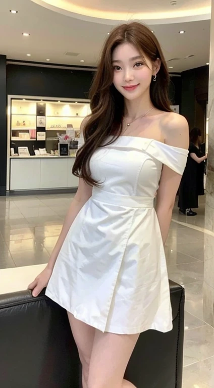 Girl about 20 years old, simple, Very beautiful and delicate., (Light makeup), brown hair, sweet smile, Delicate and beautiful skin, realistic and realistic, A neat and complete face, detailed facial expressions, high nose bridge, red lips, gentle beautiful girl, smooth hair, very fragile hair, soft mood, face light, Surreal, realistic, 8K picture quality, Extreme details, realistic details, Original work, realistic extreme, body, Absolutely beautiful., pure desire, Stunning beauty, Unrivaled beauty, Highest picture quality, 8k resolution, goddess, smile, good facial features, hair draped over shoulder, brown hair, Long thick legs, sunlight, Facing the camera, The shape is round and bumpy., gentle eyes, exposed thighs, Standing position, full body portrait, Maid outfit, Standing in a mall