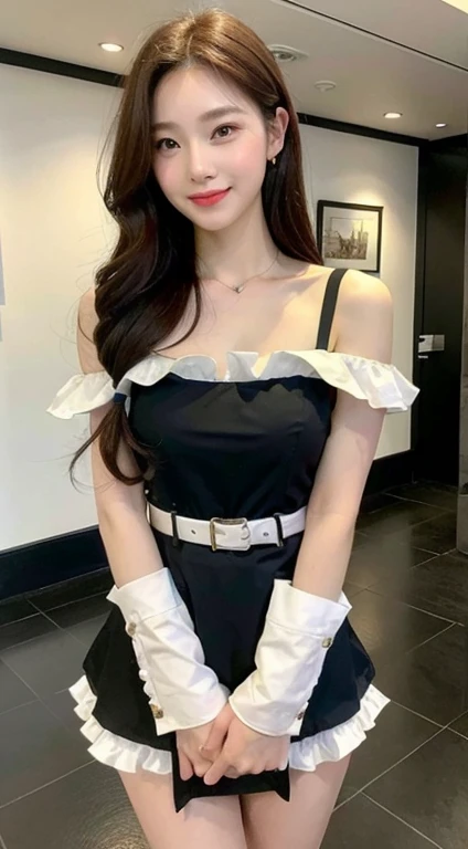 (1 Korean girl), ((best quality, 8k, masterpiece: 1.3)), focus: 1.2, perfect body beautiful: 1.4 , (Smile), (street: 1.3), Highly detailed facial and skin textures, beautiful eyes, double eyelids, whiten skin, (bobo head: 1.3), (round face: 1.5), (maid outfit: 1.4),