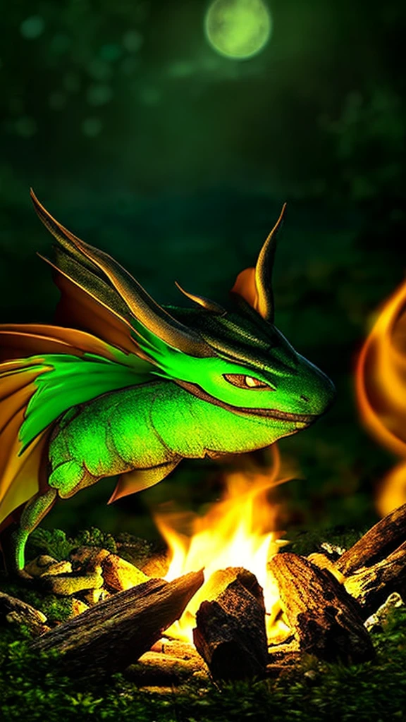 Show a little baby dragon sleeping on a campfire. The dragon is green and surrounded by darkness. Only the logs and the dragon glow