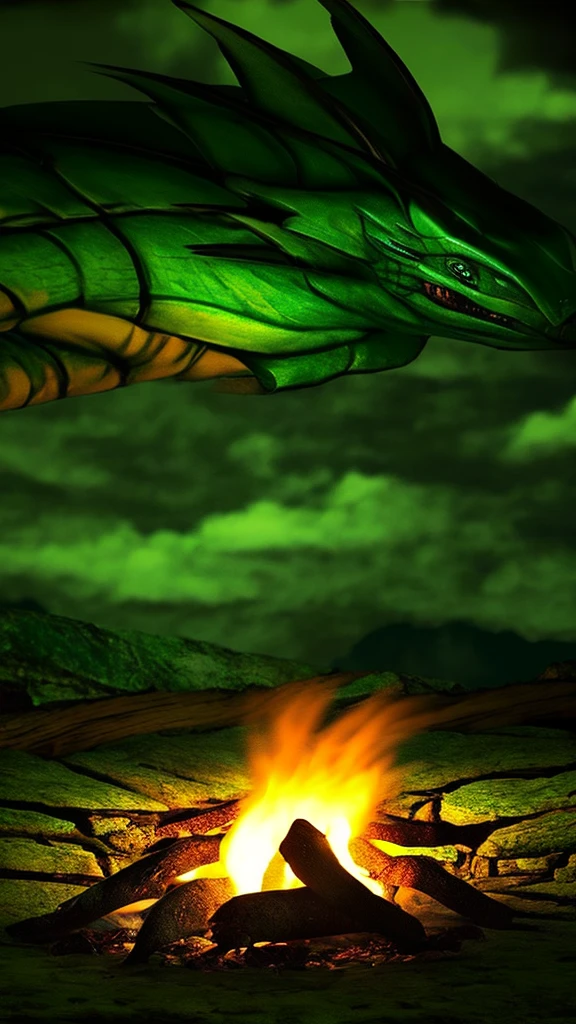 Show a little baby dragon sleeping on a campfire. The dragon is green and surrounded by darkness. Only the logs and the dragon glow