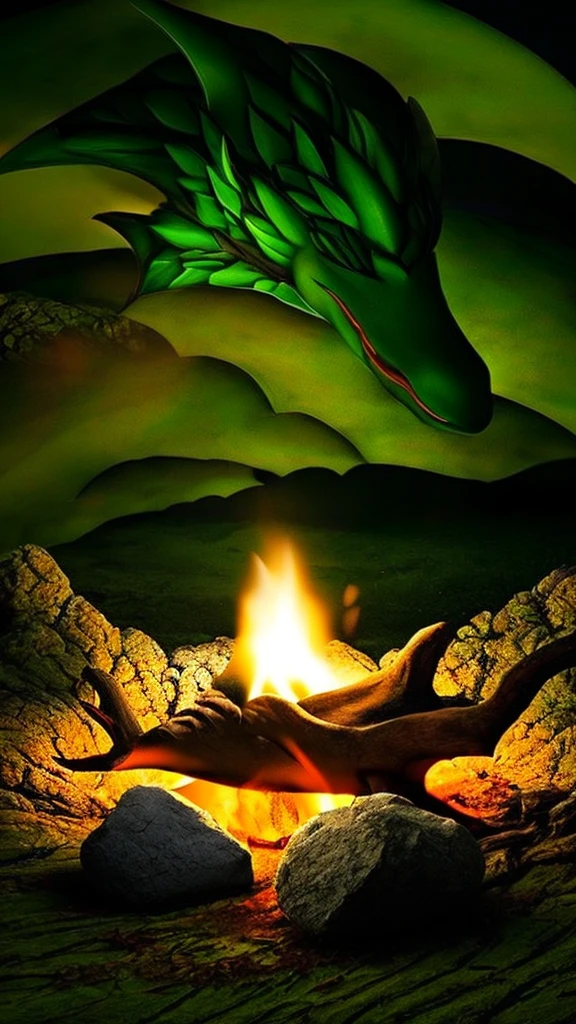 Show a little baby dragon sleeping on a campfire. The dragon is green and surrounded by darkness. Only the logs and the dragon glow