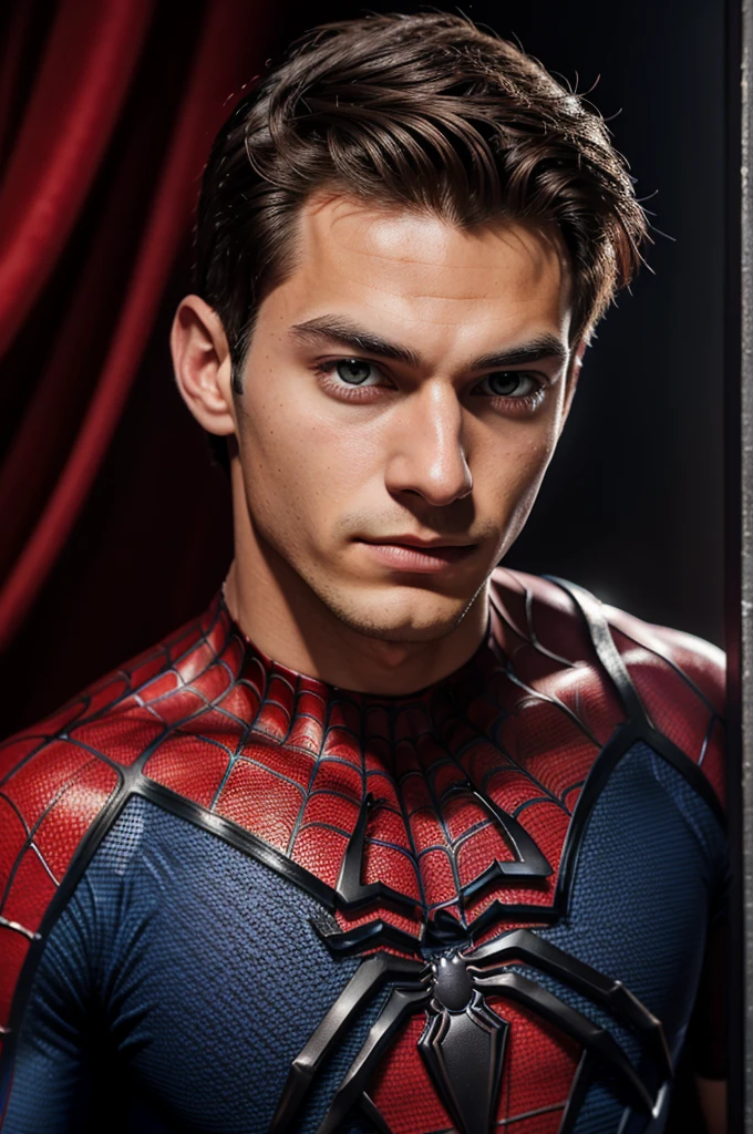 A photograph of spider man, no mask, 20 yo, handsome, detailed face, looking at camera, portrait, 8k uhd, high quality