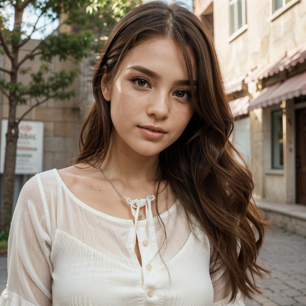 Create a very realistic and beautiful model with the following detailed features: Gender: Female, Age: Young adult (approximately 20-25 years old), Hair: Long, wavy and reddish with a natural shine, gently cascading around the shoulders and back back. . . . . . . . . . , Eyes: Bright green with a captivating, slightly almond-shaped look, detailed with natural highlights, Skin: Fair complexion with a light texture, including natural freckles on the nose and cheeks, giving a youthful and vibrant appearance: Fair complexion with a light texture, including natural freckles on the nose and cheeks, giving a youthful and lively appearance, Face: with a smooth and natural contour, soft, full lips with a slight pinkish tint and a slightly delicate upturned nose, Expression : a sweet face, with a touch of mischief, which transmits warmth and approachability, Clothing: a fluid dress, bright color, Context: the model is in an elegant street, with flowers,
Pose: A relaxed, confident posture, aesthetic, Unsplash, Neoclassicism, Intricate background, Best quality, hyper detailed, Gratty Sita, 64K, Light design