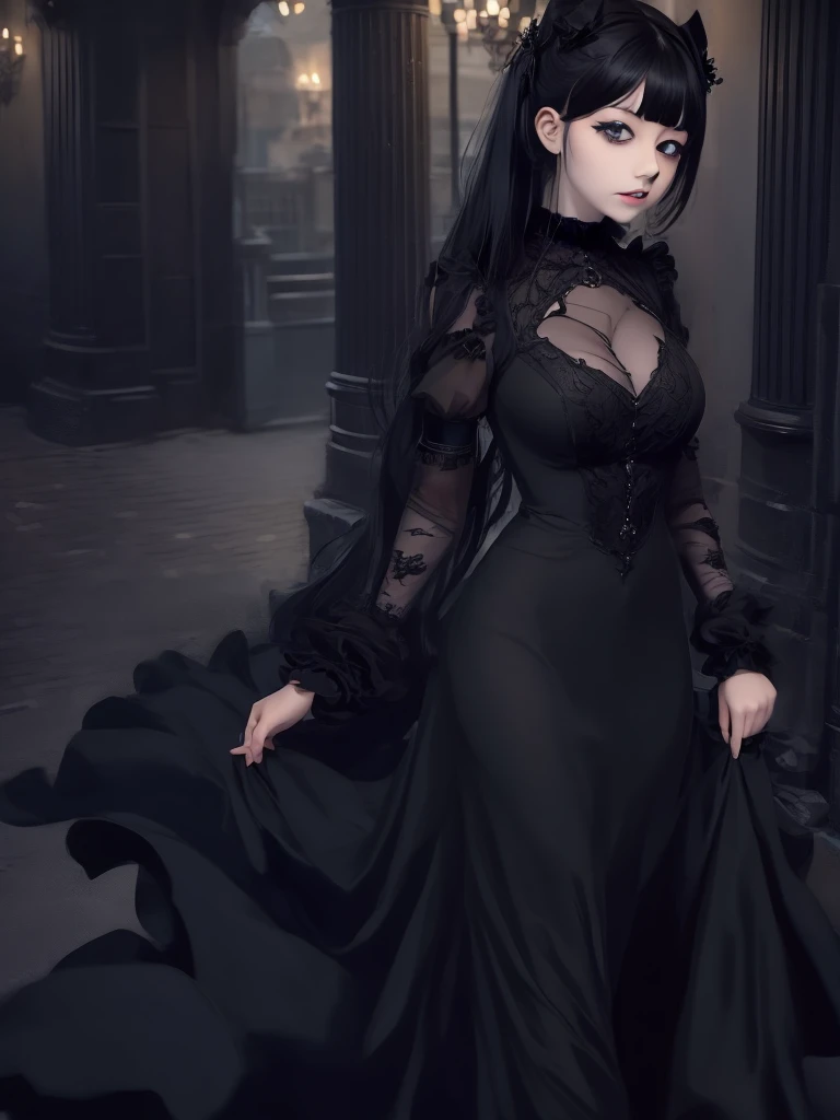 a 1 7 - year - old anime goth girl, pale goth beauty, she is wearing a black dress, black hair with bangs, wearing a gothic dress,