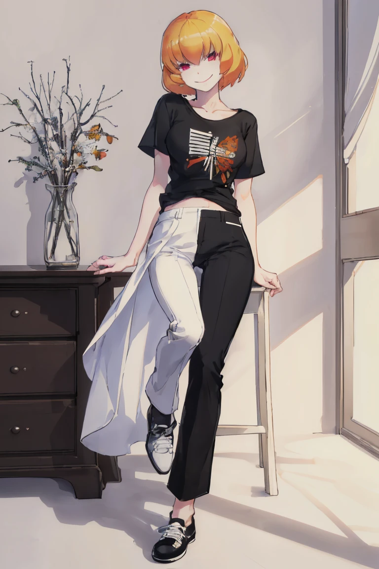 ((Highest quality)), ((masterpiece)), (be familiar with),Clementine,Overload,nsfw,Black and white t-shirt,No sleeve,Green Embroidery,White shoes,Fascinating,Black pants,Bewitching Smile,whole body