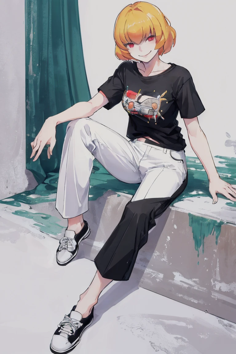 ((Highest quality)), ((masterpiece)), (be familiar with),Clementine,Overload,nsfw,Black and white t-shirt,No sleeve,Green Embroidery,White shoes,Fascinating,Black pants,Bewitching Smile,whole body