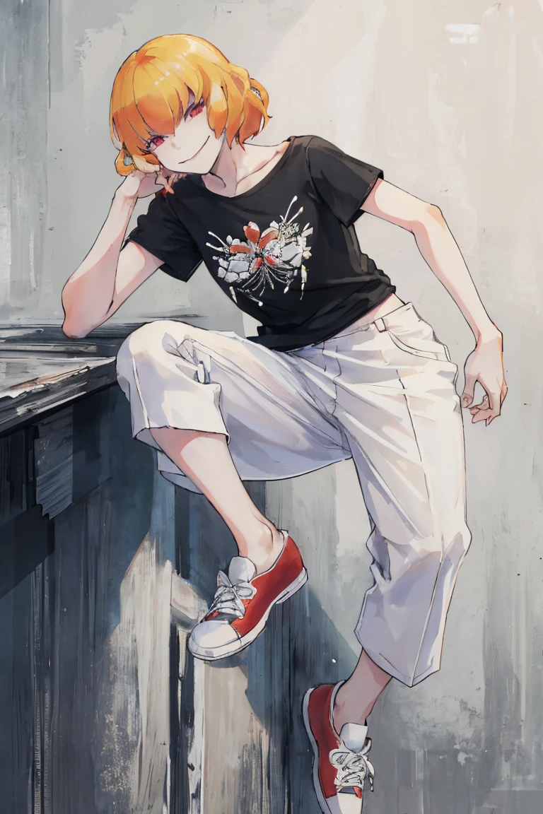 ((Highest quality)), ((masterpiece)), (be familiar with),Clementine,Overload,nsfw,Black and white t-shirt,No sleeve,Green Embroidery,White shoes,Fascinating,Black pants,Bewitching Smile,whole body