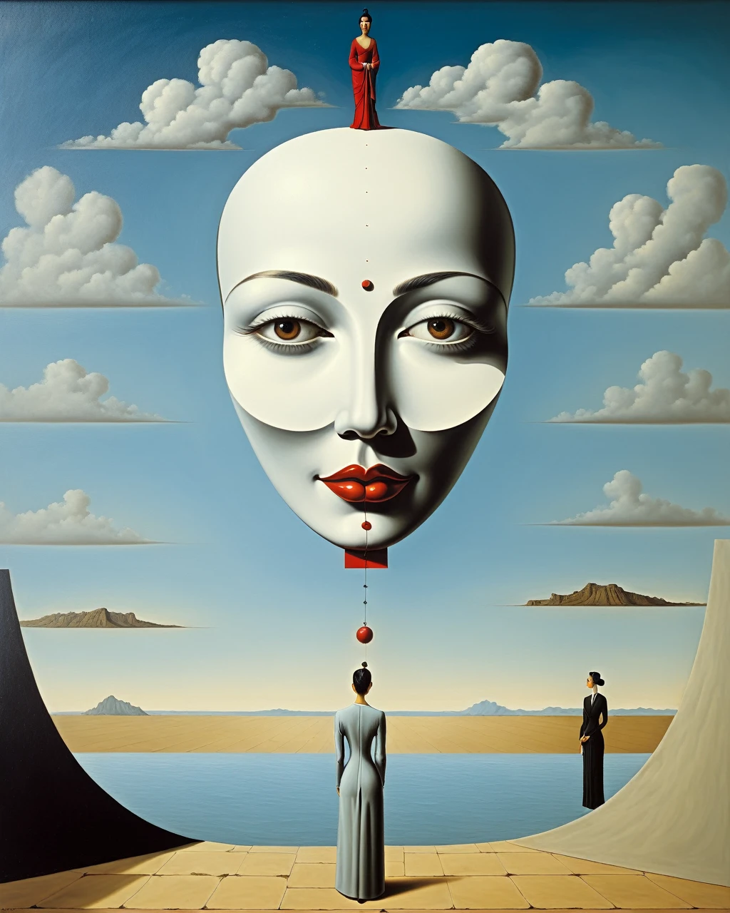 Lao Tzu, woman - surreal style, surreal artwork, dreamlike, Salvador Dali style, René Magritte style, highly detailed, artwork, painting-like, high definition