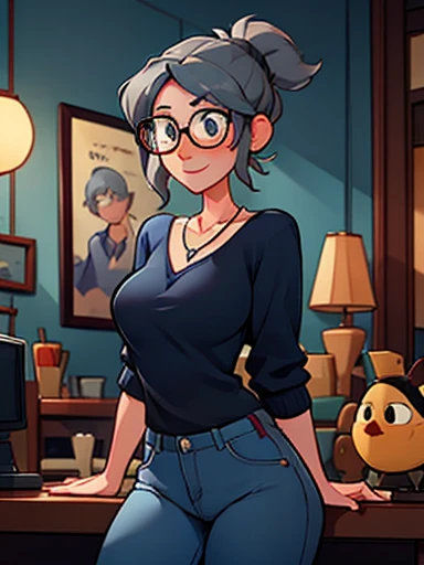 Aunt Cass Hamada from Big Hero 6, blue low-cut sweater, jeans, necklace, friendly expression, tall slender build, grey hair in a ponytail, glasses 