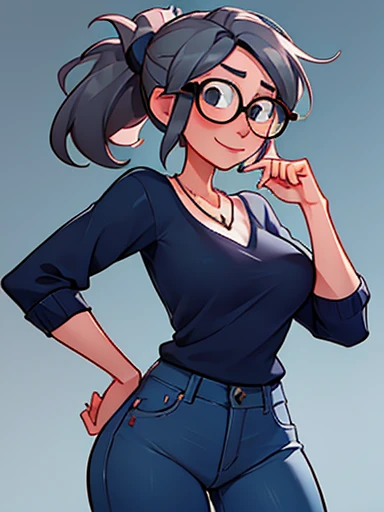 Aunt Cass Hamada from Big Hero 6, blue low-cut sweater, jeans, necklace, friendly expression, tall slender build, grey hair in a ponytail, glasses 