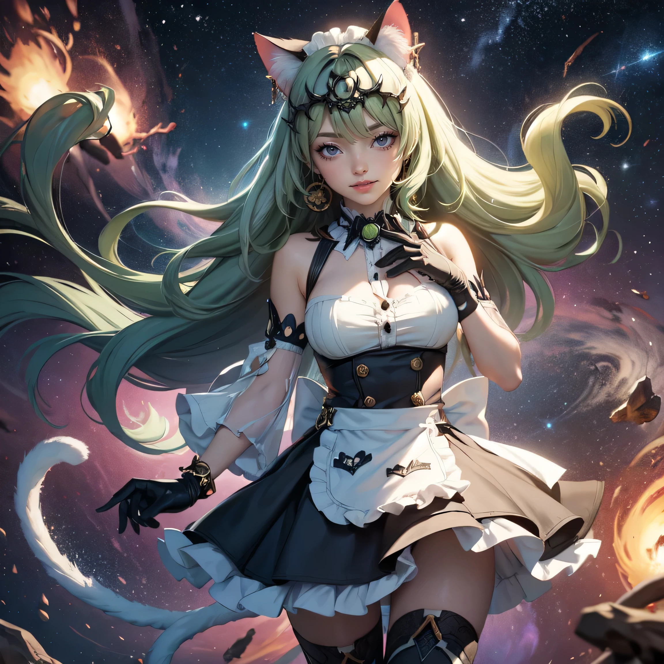 1girl, white maid dress, jewelry, green hair, flowing hair, long hair, maid dress with a short skirt and layers, white laces, white boots, white dress with transparency, gold details on her clothes, cat ears, animal ears, more details, perfectly body, perfectly hands, two hands, two legs, two arms, five fingers, glowing hair, best quality, cat ears, animal ears, tail ornament, tail bow, white gloves, two cat tail, white gloves, alone, maid headdress, choker, detached sleeves, maid dress, maid white dress, strapless, masterpeice, best quality, detailed face, night, mobius (honkai impact), honkai (series), honkai impact 3rd, asymmetrical gloves, bangs, white short skirt , white gloves, white boots, earrings, elbow gloves, fishnet thighhighs, fishmasterpeice, solo, best quality, detailed face, gloves, green eyes, green hair, hair between eyes, jewelry, long hair, looking at viewer, single earring, sky, sleeveless, solo, thigh boots, thighhighs, tongue, tongue out, uneven gloves, cat ears, animal ears, cat tail, solo, alone, Looking at the viewer, More details on the clothes, space scenery, maid, maid dress, golden details, maid headdress, maid apron, seat on the Saturn rings, more details on her clothes, gold details on her clothes, space, smiling, standing her hand to a viewer, looking at the viewer, in the background a several asteroids glowing with fiery auras, Saturn, planets, Dramatic lighting from distant stars and planets illuminates the scene, looking at the vast and mysterious universe, cowboy shot, upper body portrait, more details, sparkle,