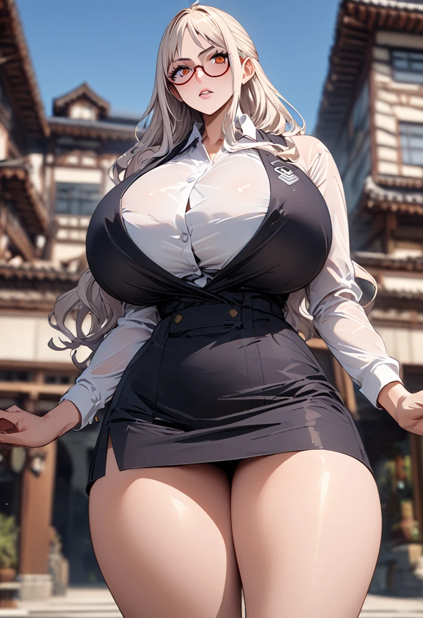 masterpiece, best quality), intricate details, 1 girl, woman, yamato \ (one piece\), (long hair), clothes, wearing secretary uniform, wearing glasses,luxury house, scenery, ((front view)) ((close up shot)) ((solo)), detailed, very high resolution, no blurry image, full body, orange eyes, sligh wavy hair, ((yamato from one piece)) ((female yamato from one piece)), (huge breasts)