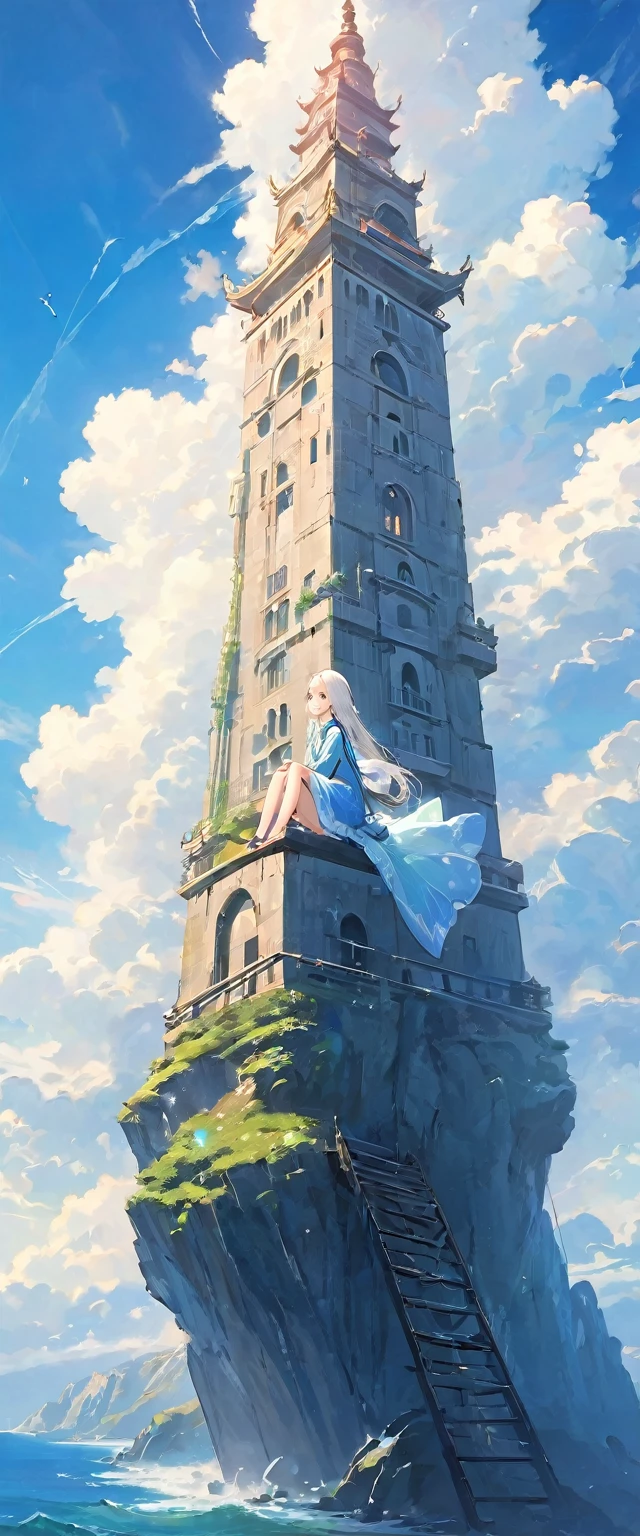 Beautiful and meticulous illustrations, Vivid colors,high resolution、8k、pretty girl、A girl、best quality、masterpiece、Detailed eyes and face, A slender tower rises into the sky、Cylindrical tower、Sea of Clouds、Blue sky、Sit cross-legged、Hair blowing in the wind、White hair、Gaze at the girl in the distance、White clothes、barefoot、Full body angle、Sea of Clouds