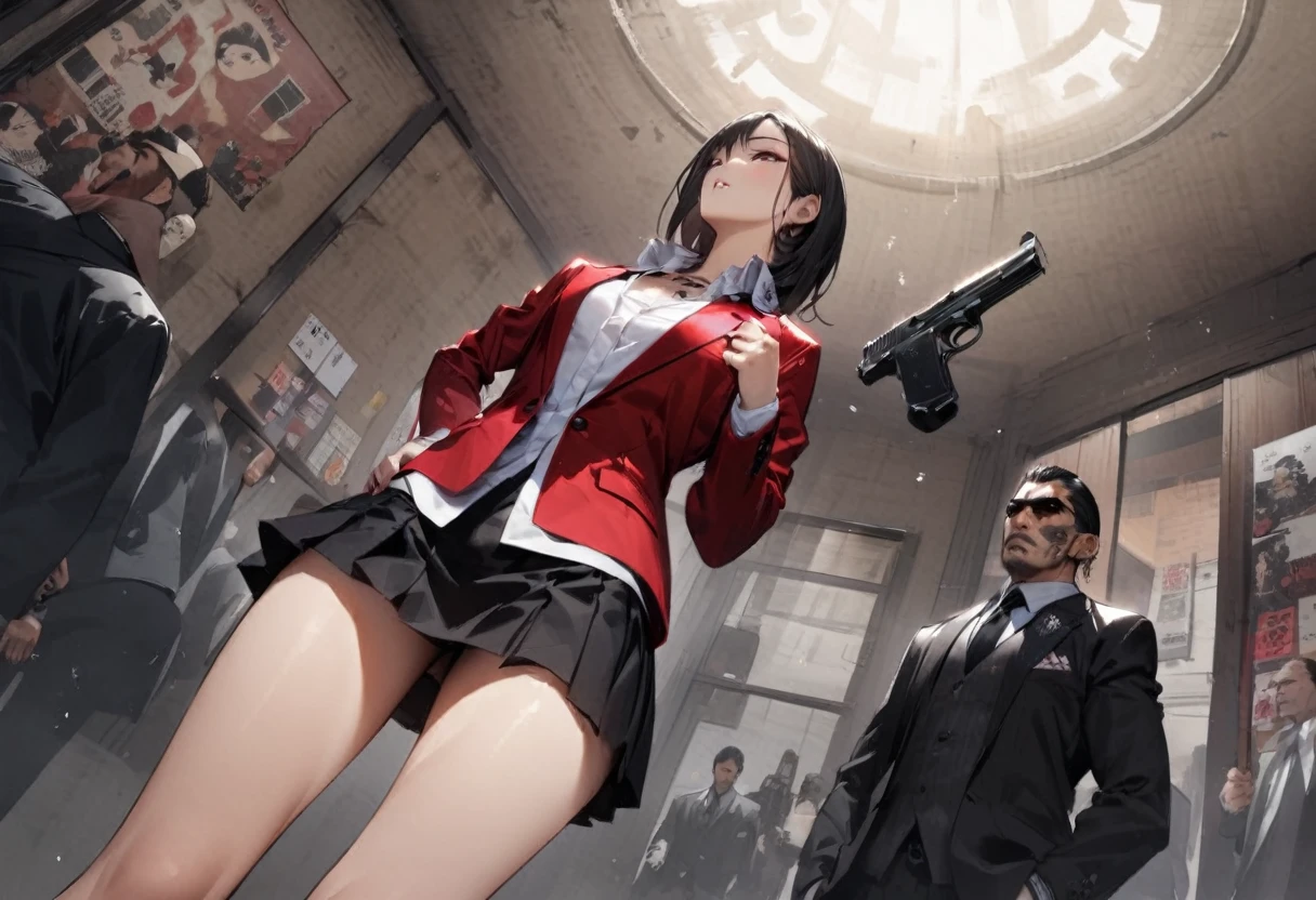 from directly below、Cute female yakuza、Shoot a handgun、Looking down on、mini skirt、tattoo、Girl、Girl、Short、Younger、Lower school year、Baby Face、flat chest、Yakuza Office、Yakuza、building、background、Dynamic Angle、masterpiece、best quality、ultra-detail、Japanese Mafia、Yakuza hideout、gang、Boss's Room、Thug's Room、Boss's Daughter、Clothing、cool、Cold eyes、Angry
