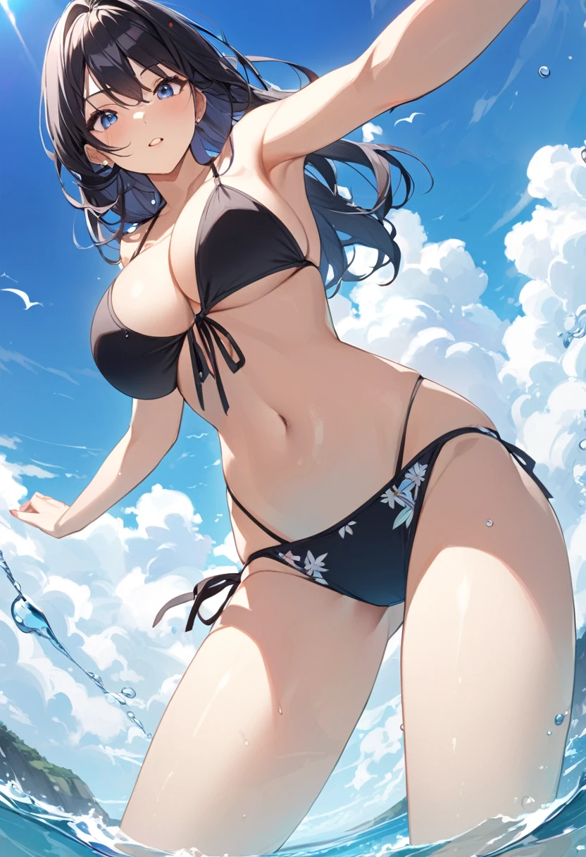 ((Highest quality、、masterpiece:1.3)), Upper Body、Long legs、Sharp focus:1.2, Beautiful woman with perfect figure:1.4、(Smiling:1.2), double eyelid、30-year-old female、Sexy pose、((((Close your mouth、One Woman、bikini,sea,beach,sea side))))、(((((Hands on the side of the body)))))
