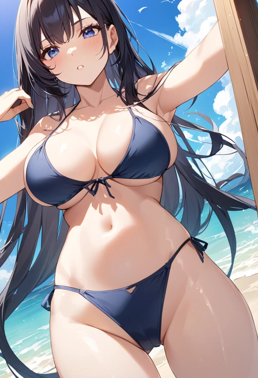 summer、Ocean、blue sky、beautiful girl、bikini、sexy、Low angle、Large Breasts、Black Hair