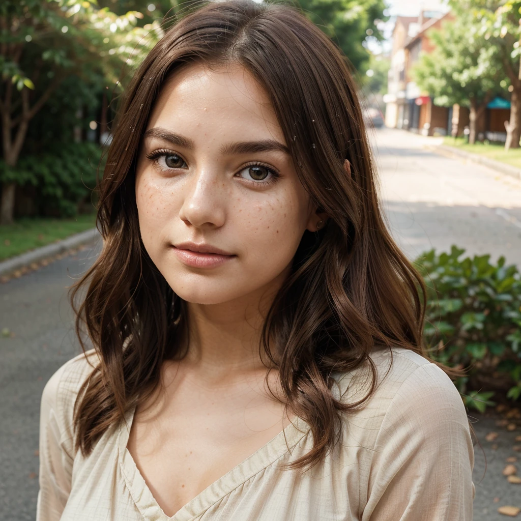 Create a very realistic and beautiful model with the following detailed features: Gender: Female, Age: Young adult (approximately 20-25 years old), Hair: Long, wavy and reddish with a natural shine, gently cascading around the shoulders and back back. . . . . . . . . . , Eyes: Bright green with a captivating, slightly almond-shaped look, detailed with natural highlights, Skin: Fair complexion with a light texture, including natural freckles on the nose and cheeks, giving a youthful and vibrant appearance: Fair complexion with a light texture, including natural freckles on the nose and cheeks, giving a youthful and lively appearance, Face: with a smooth and natural contour, soft, full lips with a slight pinkish tint and a slightly delicate upturned nose, Expression : a sweet face, with a touch of mischief, which transmits warmth and approachability, Clothing: a fluid dress, bright color, Context: the model is in an elegant street, with flowers,
Pose: A relaxed, confident posture, aesthetic, Unsplash, Neoclassicism, Intricate background, Best quality, hyper detailed, Gratty Sita, 64K, Light design