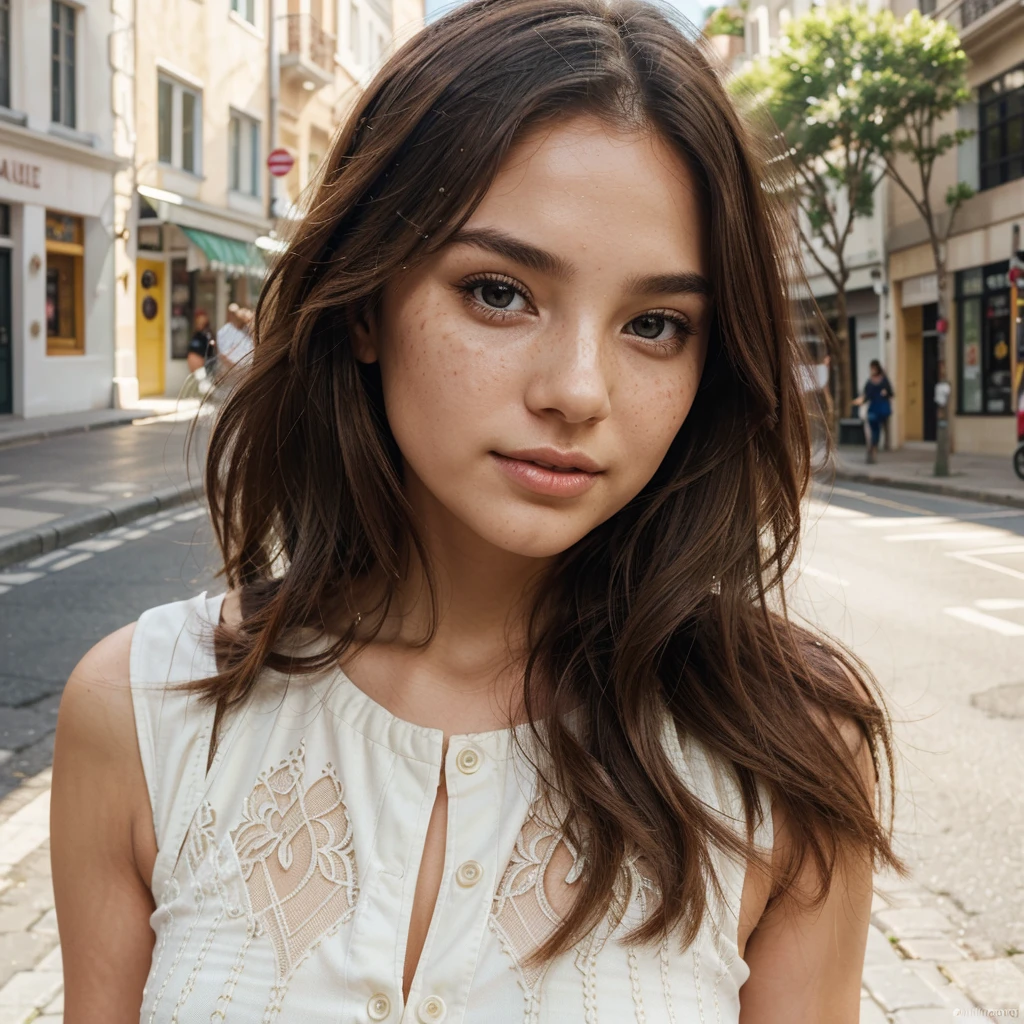 Create a very realistic and beautiful model with the following detailed features: Gender: Female, Age: Young adult (approximately 20-25 years old), Hair: Long, wavy and reddish with a natural shine, gently cascading around the shoulders and back back. . . . . . . . . . , Eyes: Bright green with a captivating, slightly almond-shaped look, detailed with natural highlights, Skin: Fair complexion with a light texture, including natural freckles on the nose and cheeks, giving a youthful and vibrant appearance: Fair complexion with a light texture, including natural freckles on the nose and cheeks, giving a youthful and lively appearance, Face: with a smooth and natural contour, soft, full lips with a slight pinkish tint and a slightly delicate upturned nose, Expression : a sweet face, with a touch of mischief, which transmits warmth and approachability, Clothing: a fluid dress, bright color, Context: the model is in an elegant street, with flowers,
Pose: A relaxed, confident posture, aesthetic, Unsplash, Neoclassicism, Intricate background, Best quality, hyper detailed, Gratty Sita, 64K, Light design