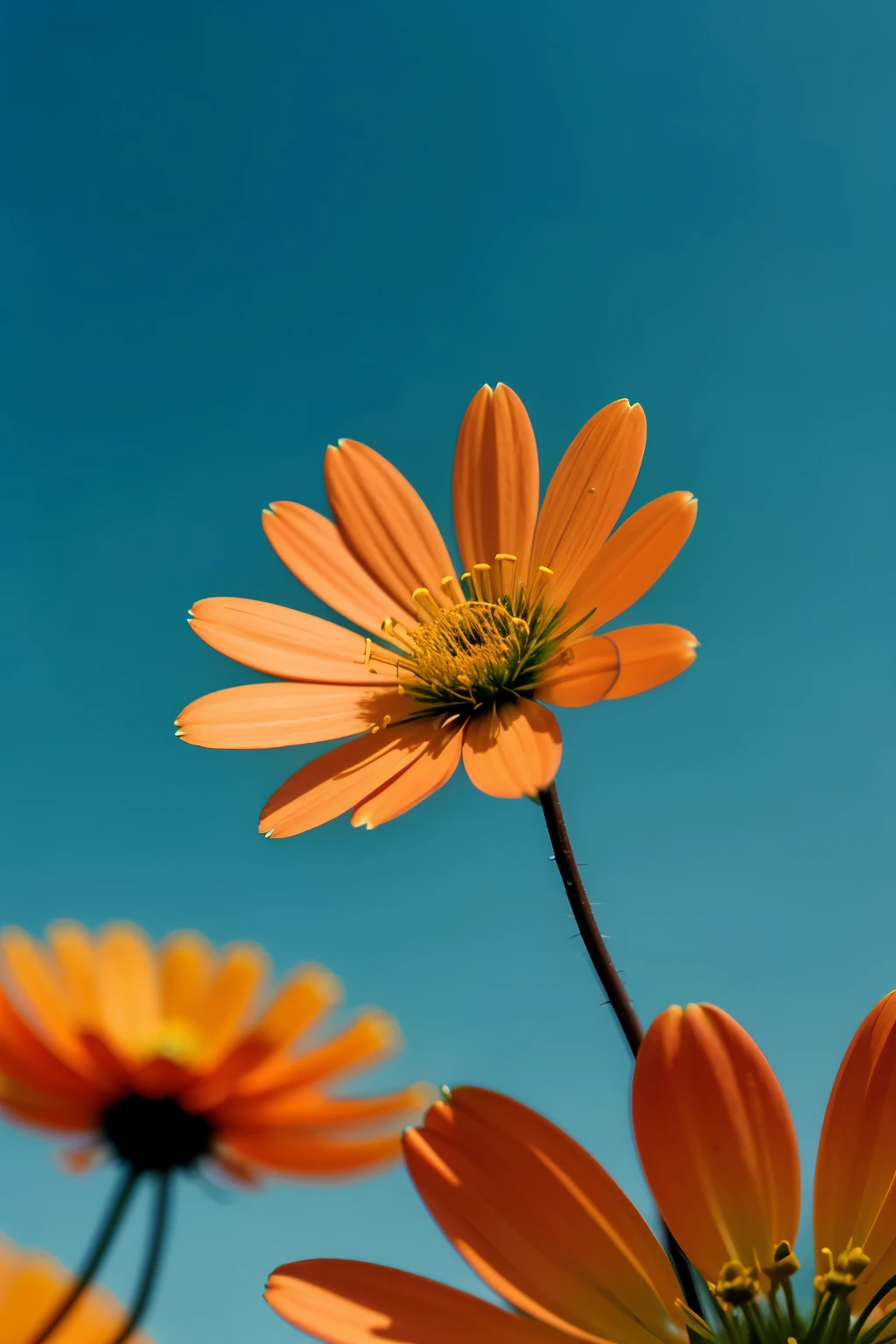 there is a orange flower a portrait by Jan Rustem, unsplash, minimalism, reaching for the sky, looking to the sky, cosmos in the background, miniature cosmos,orange flower, looking up to the sky, shot on nikon z9, low angle photography, surrounded flower, cosmos, with dramatic sky, seen from belowerpiece)),