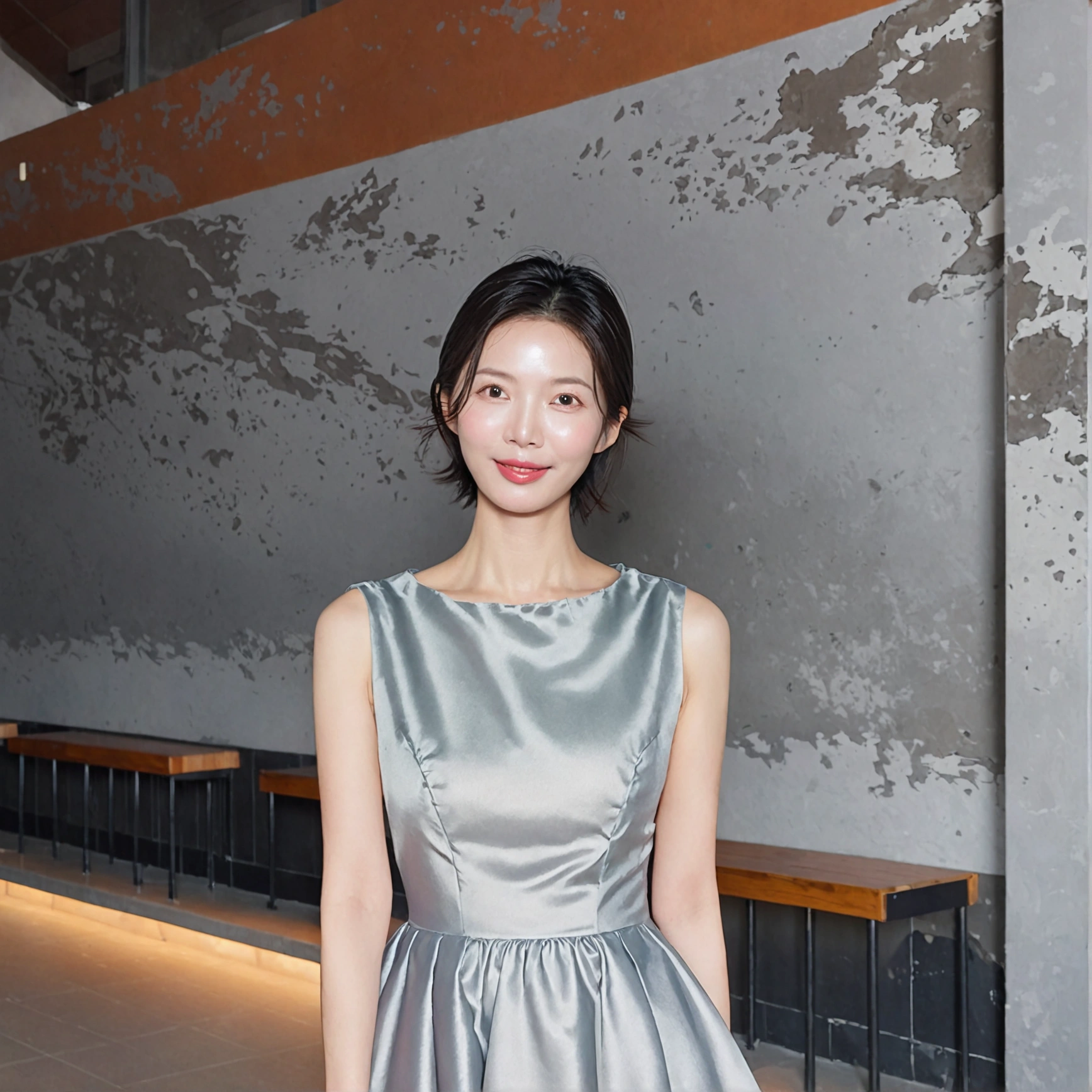 beautiful korean girl , 32 inch chest size, Your eyes are big and pretty. standing in the hotel lobby . short medium hair, A dress that completely covers the chest, laugh, uhd