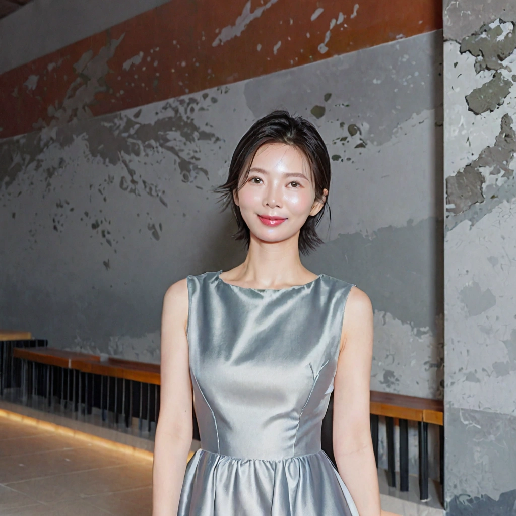 beautiful korean girl , 32 inch chest size, Your eyes are big and pretty. standing in the hotel lobby . short medium hair, A dress that completely covers the chest, laugh, uhd
