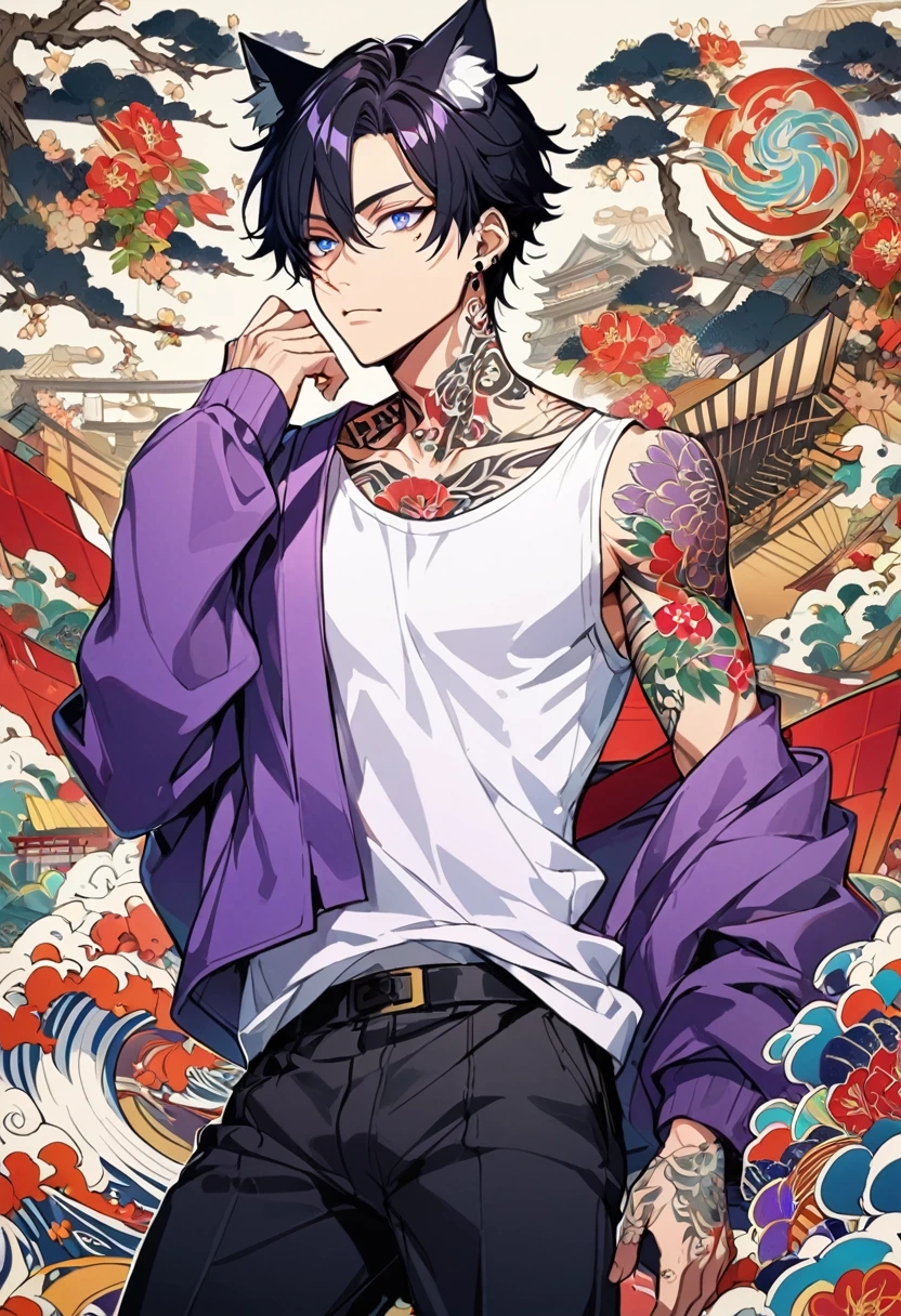1man, short black hair, cat ears, bright blueviolet eyes, wearing a purple casual jacket, wearing a white undershirt, wearing black pants , wearing a vintage watch, japanese style tattoos, colorful tattoos, tattoos all over the arms
