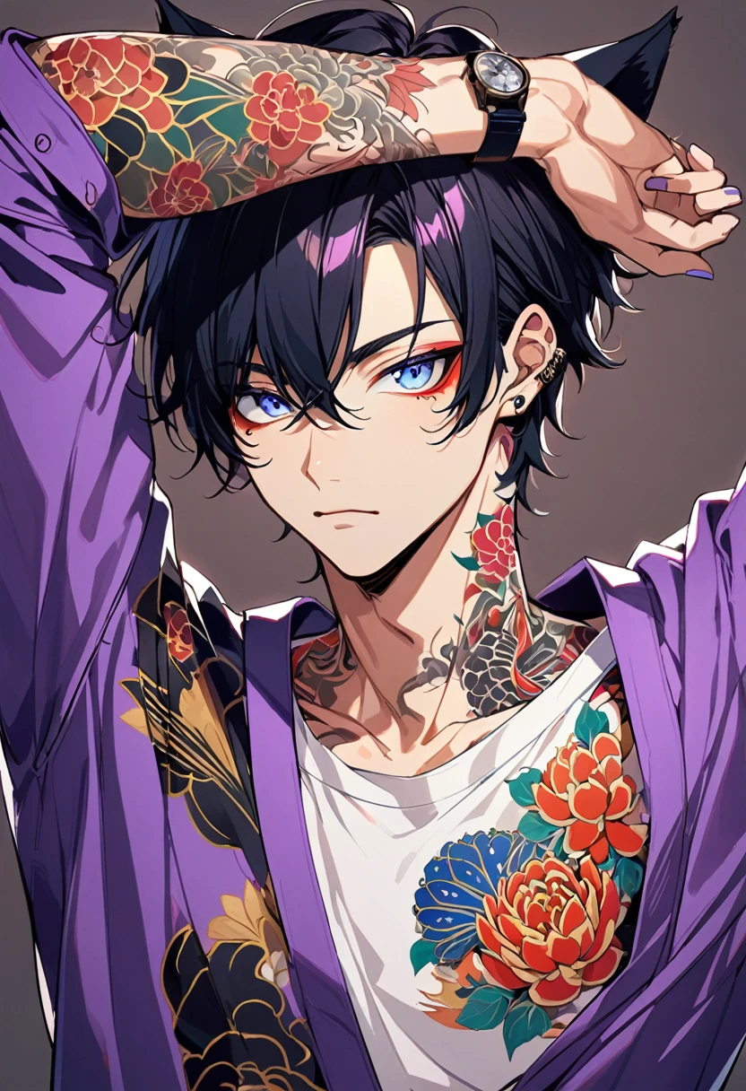 1man, short black hair, cat ears, bright blueviolet eyes, wearing a purple casual jacket, wearing a white undershirt, wearing black pants , wearing a vintage watch, japanese style tattoos, colorful tattoos, tattoos all over the arms