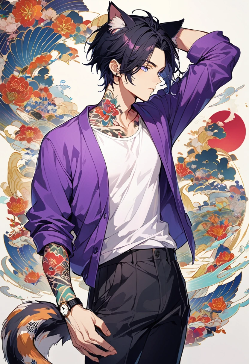 1man, short black hair, cat ears, bright blueviolet eyes, wearing a purple casual jacket, wearing a white undershirt, wearing black pants , wearing a vintage watch, japanese style tattoos, colorful tattoos, tattoos all over the arms