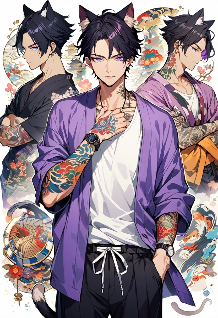 1man, short black hair, cat ears, bright blueviolet eyes, wearing a purple casual jacket, wearing a white undershirt, wearing black pants , wearing a vintage watch, japanese style tattoos, colorful tattoos, tattoos all over the arms