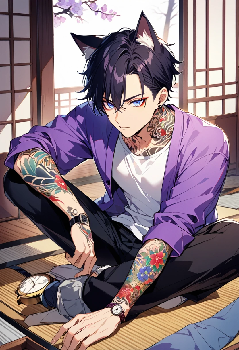 1man, short black hair, cat ears, bright blueviolet eyes, wearing a purple casual jacket, wearing a white undershirt, wearing black pants , wearing a vintage watch, japanese style tattoos, colorful tattoos, tattoos all over the arms