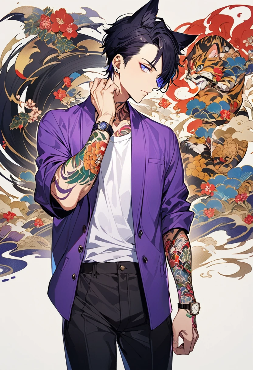 1man, short black hair, cat ears, bright blueviolet eyes, wearing a purple casual jacket, wearing a white undershirt, wearing black pants , wearing a vintage watch, japanese style tattoos,  colorful tattoos, tattoos all over the arms