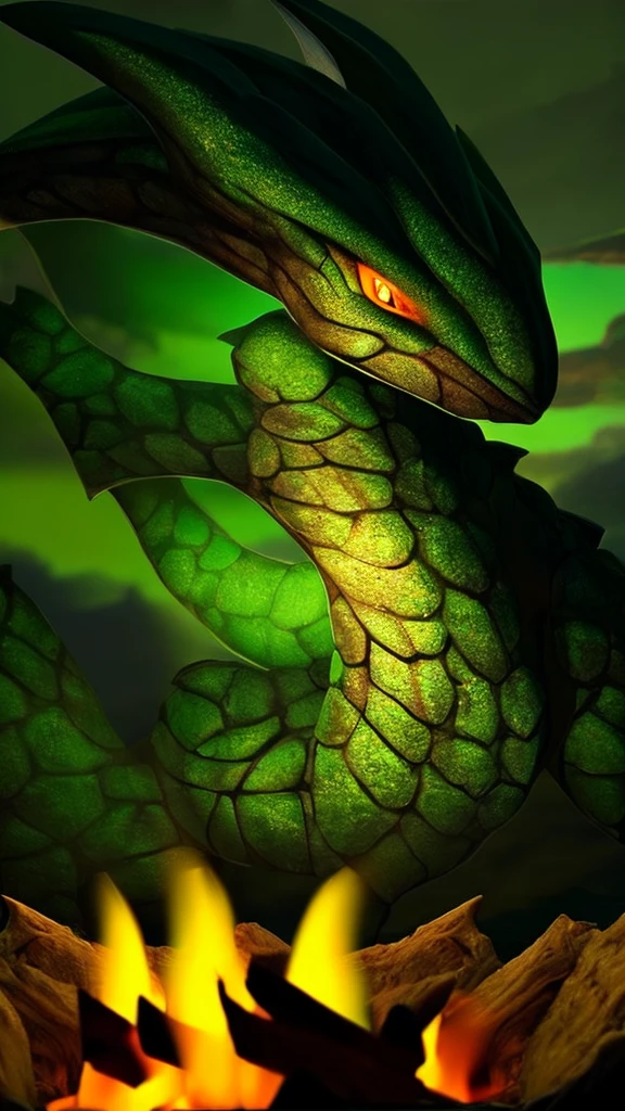 Show a little baby dragon sleeping on a campfire. The dragon is green and surrounded by darkness. Only the logs and the dragon glow