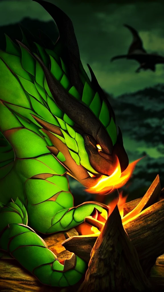 Show a little baby dragon sleeping on a campfire. The dragon is green and surrounded by darkness. Only the logs and the dragon glow