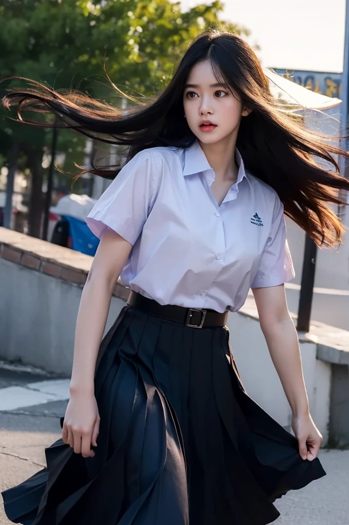 (photorealistic:1.4),Best quality, masterpiece, ultra high res, raw photo,soft light,(cowboy shot),blue sky,movie poster
1girl,(mathayom uniform),white shirt short sleeves,(black pleated long skirt:1.2),long hair,hair_floating,dramatic scene
 