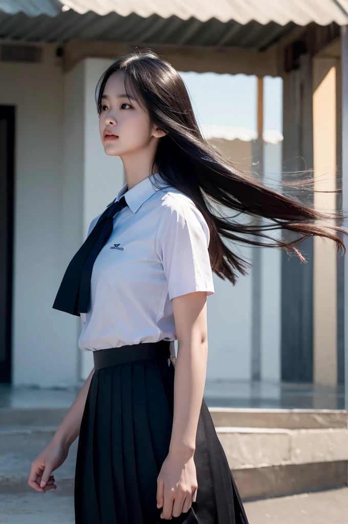 (photorealistic:1.4),Best quality, masterpiece, ultra high res, raw photo,soft light,(cowboy shot),blue sky,movie poster
1girl,(mathayom uniform),white shirt short sleeves,(black pleated long skirt:1.2),long hair,hair_floating,dramatic scene
 