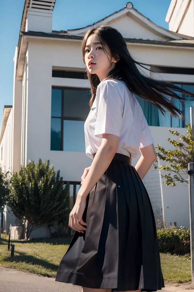(photorealistic:1.4),Best quality, masterpiece, ultra high res, raw photo,soft light,(cowboy shot),blue sky,movie poster
1girl,(mathayom uniform),white shirt short sleeves,(black pleated long skirt:1.2),long hair,hair_floating,dramatic scene